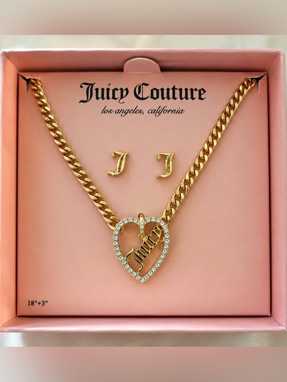 Juicy Couture Gold Heart Necklace & J Stud Earrings Set | NWT | Rhinestone Heart